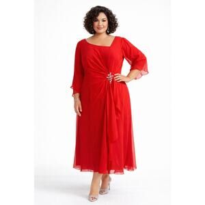 Plus Size Red Chiffon Evening Dress Rhinestone Waist Formal Gown 20W